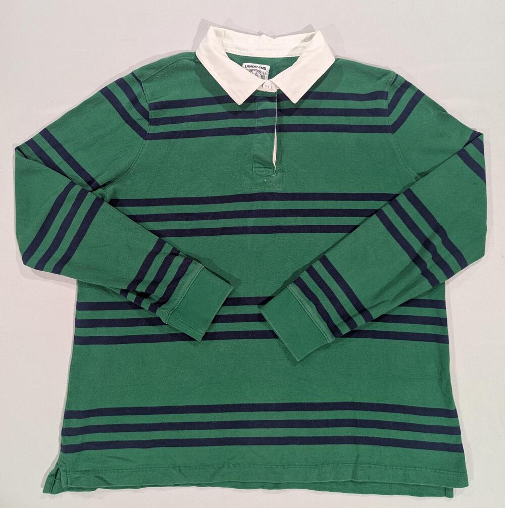 Lands' End Rugby Polo Shirt Boys L 14-16 Green Navy Stripe Long Sleeve Casual